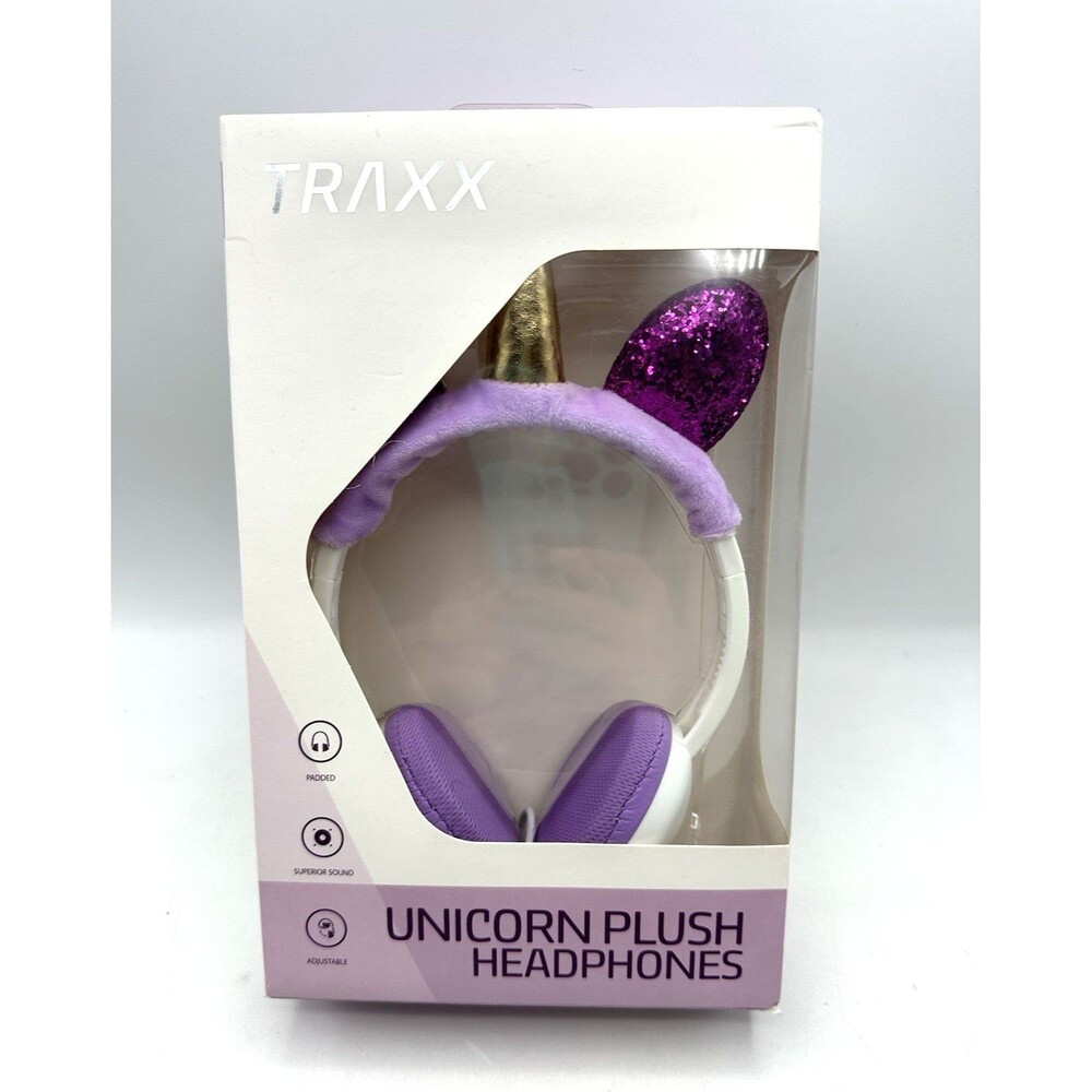 Traxx Unicorn Plush Headphones Over the Head Plug in Purple/Gold Horn NEW
